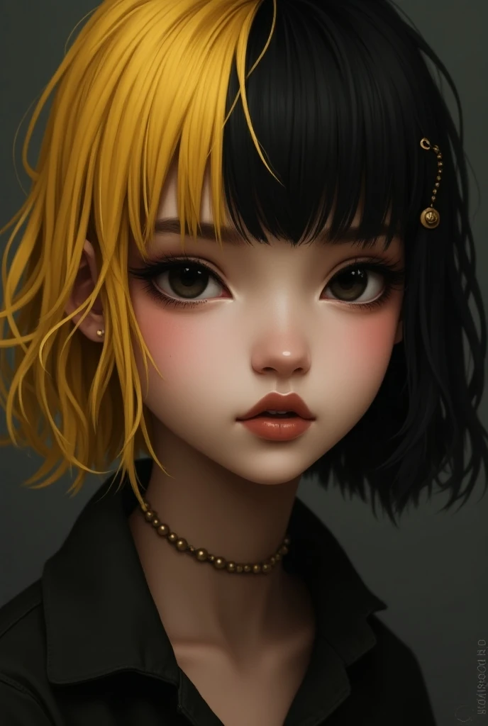 1 girl, half natural blonde with long hair and half black hair with very short hair like a man, brown eyes like clothes a short skirt with silver chains , In her ears she had some extravagant earrings and a 3-strand necklace