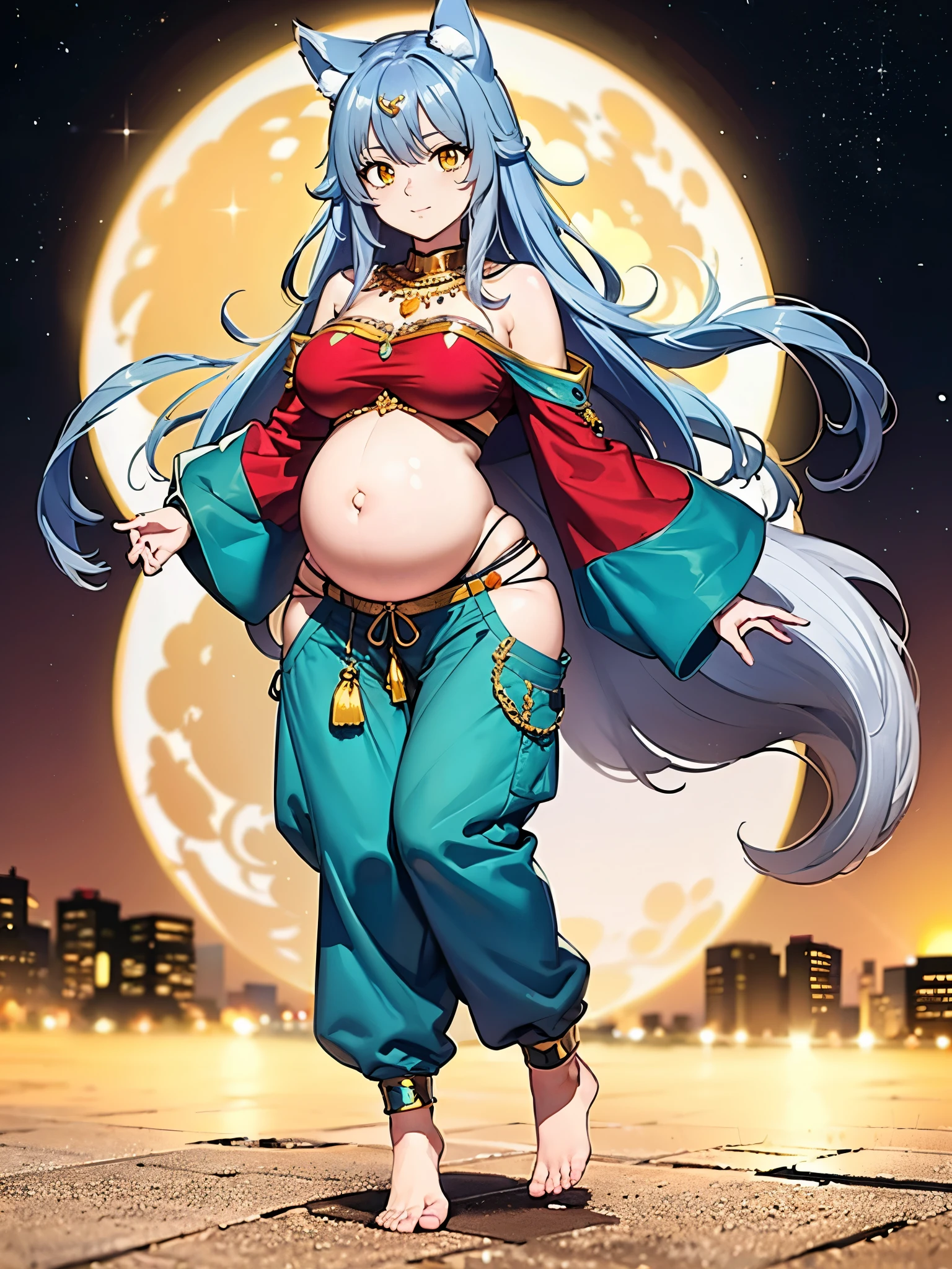  (best quality, ultra-high resolution, depth of field:1.2), (full body shot:1.2), (perfect body:1.2), (oppai:1.2), (pregnant:1.2), (wide hips:1.2), beautiful face, (wolf woman), radiant eyes, (yellow eyes:1.2), (blue hair color:1.2), animal ears, (wolf ears), (wolf tail), (wearing a baggy and high harem belly dance pants:1.2), (bare feet:1.2), (strapless top:1.2), (baggy and long sleeves:1.2), (waist jewelry:1.2), (body full of jewelry:1.2), night time, (multiple points of views), (standing pose:1.2)