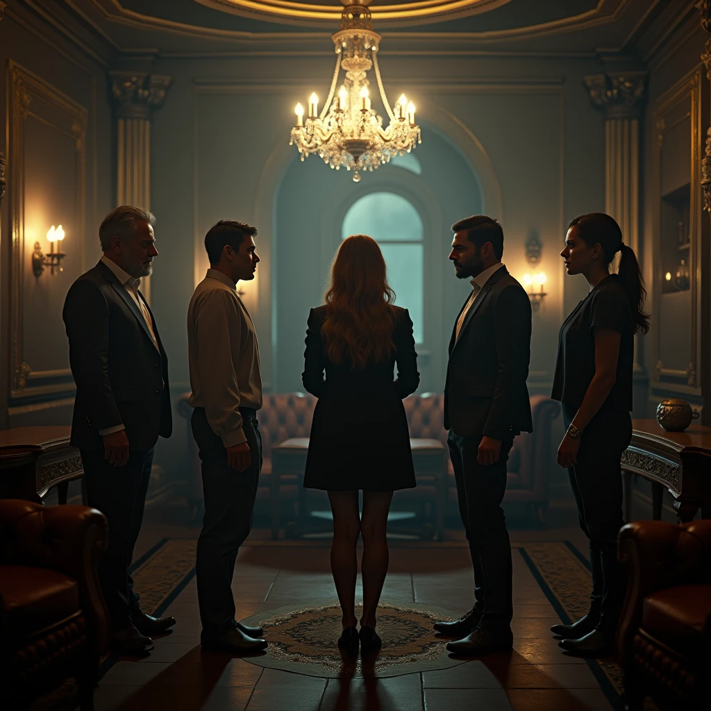 A butler, a cleaning lady, a gardener and a very elegant man dead on the floor of his mansion and everyone with a look of suspense 

