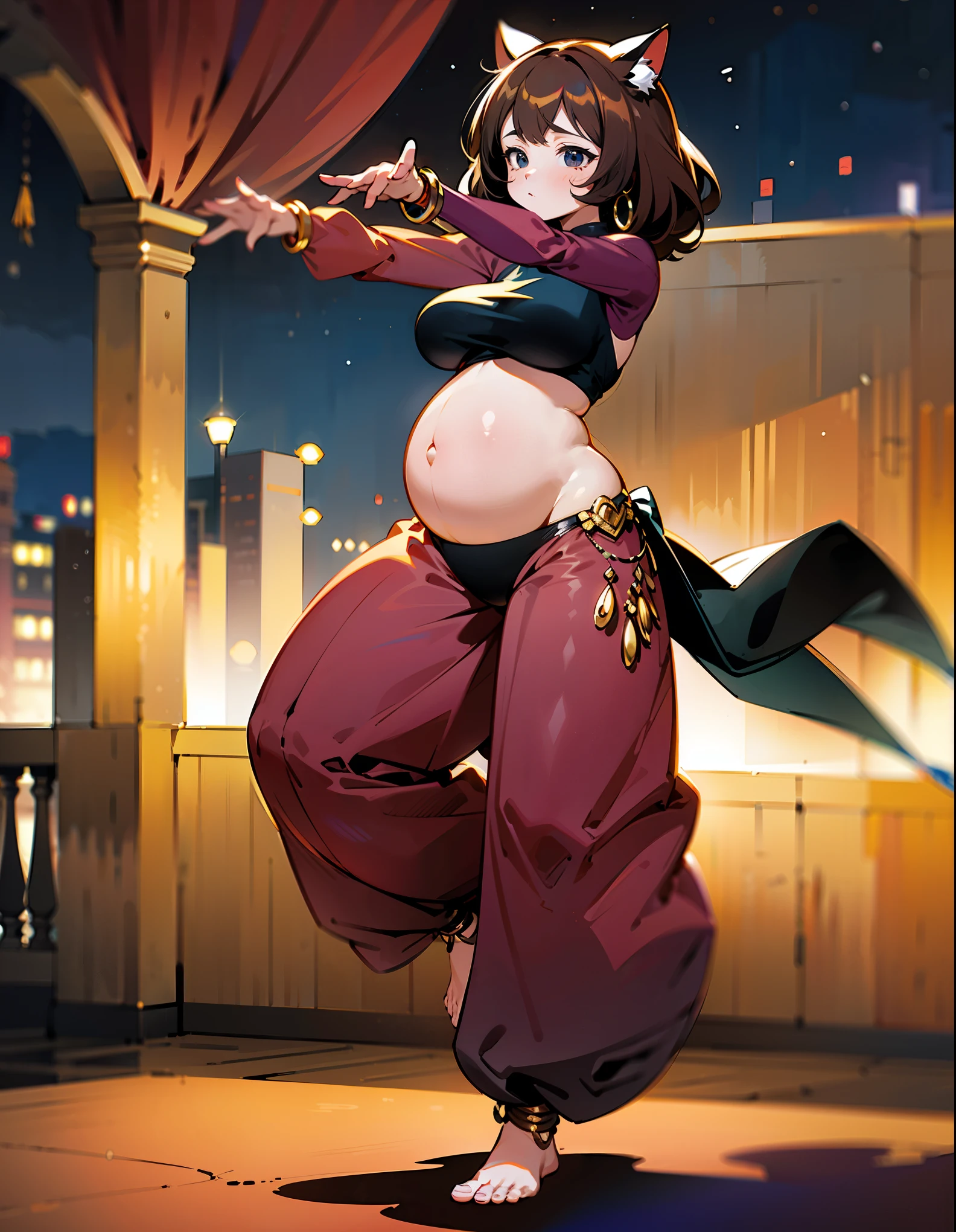 (best quality, ultra-high resolution, depth of field:1.2), (full body shot:1.2), (perfect body:1.2), (oppai:1.2), (pregnant:1.2), (wide hips:1.2), beautiful face, (cat woman), radiant eyes, (black eyes:1.2), (brown hair:1.2), (cat ears), (cat tail), (wearing a baggy and high harem belly dance pants:1.2), (bare feet:1.2), (long sleeves:1.2), (strapless top:1.2), (waist jewelry:1.2), (full of jewelry:1.2), night time, (multiple points of views), (standing:1.2), (dancing pose:1.2)