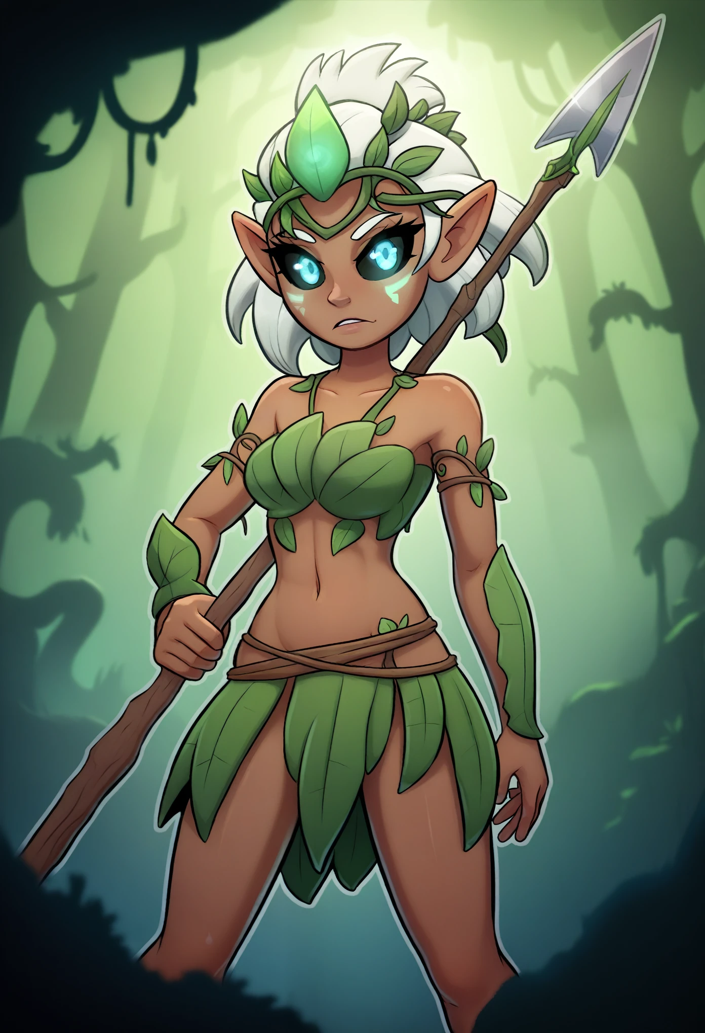 a young woman with slender curves and dark skin. She has curly white hair and sharp elven ears. Her intense blue eyes have black sclera, adding a striking contrast. She wears leaf armor. She is standing in a battle ready position wielding a sharp verdant green spear. In the background, dark, thorny vines twist and coil around her. detailed face, extremely detailed eyes, masterpiece, 4k, 8k, highres, ultra-detailed, physically-based rendering, vivid colors, studio lighting cinematic lighting, dramatic lighting, fantasy, dramatic composition, dynamic pose, volumetric lighting, B-cups, spear, glowing spear, green glowing spear, tribal spear, leaf-shaped spearhead, vine-wrapped spear, verdant energy spear, nature weapon, elf ears, sharp ears