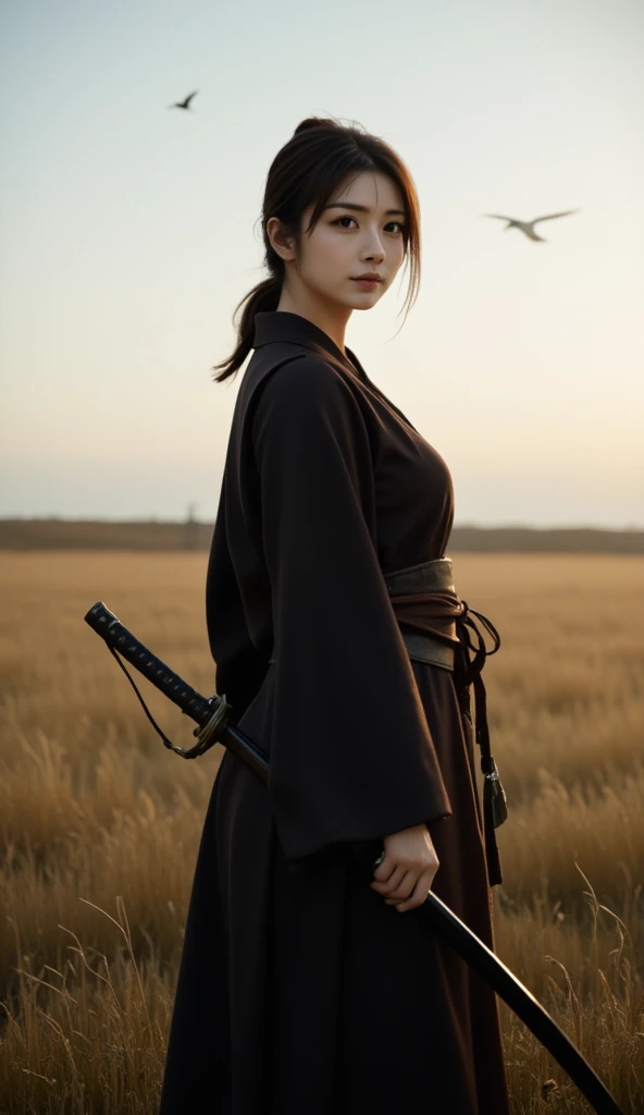 A lone samurai woman standing in a peaceful field at dusk, ready to draw her katana. She is wearing traditional samurai attire from the Sengoku period of Japan, consisting of a black and dark brown kimono-style robe with wide sleeves, tied with a dark obi around her waist. Her right hand is gripping the hilt of her katana, positioned near her waist as she prepares to draw it, while her left hand is steadying the sheath. Her posture is tense but focused, capturing the precise moment before action. Her hair is tied up in a traditional warrior style, and her face shows calm determination. The scene is set in a quiet field with tall grasses swaying gently in the wind, under the fading light of dusk. The color palette is soft and muted, with earthy tones for both the environment and her attire, and the background is simple, with birds flying in the distance."Additional Parameters:Style: Realistic, with a focus on action and tension in the poseLighting: Soft dusk lighting with warm, fading sunlight casting long shadowsColors: Dark black and brown tones for the attire, earthy and muted tones for the grass and skyComposition: The samurai woman centered, in a poised stance, with her katana halfway drawn, the quiet field around her creating a sense of serenity and focusEnvironment: Quiet field at dusk, soft wind moving the tall grass, birds flying in the distance