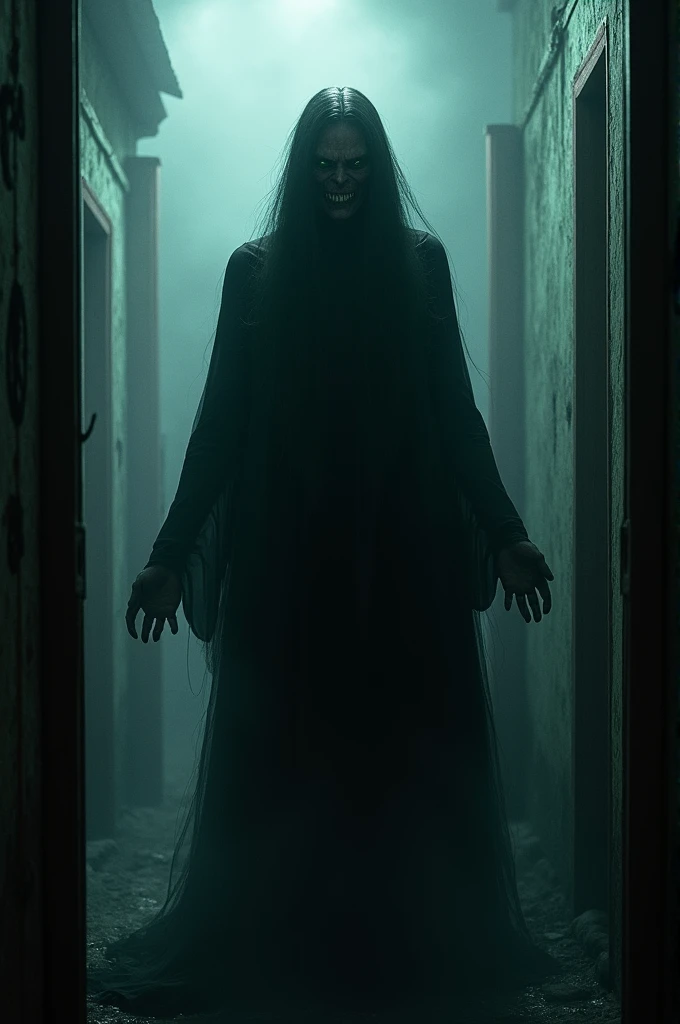 In the backyard of an old, abandoned house, a giant woman stands in the shadows. His arms and legs are thin and long, stretching awkwardly through space. Her pale skin contrasts with the darkness around her. She has a blank, expressionless face., with black eyes that look like bottomless wells, fixed in the window of the house. The fog envelops your body, making it almost indistinguishable from the darkness. The garden is full of weeds and dry branches, and the air is heavy, as if something sinister was about to happen. Her presence is suffocating, filling the yard with a sense of dread and mystery.