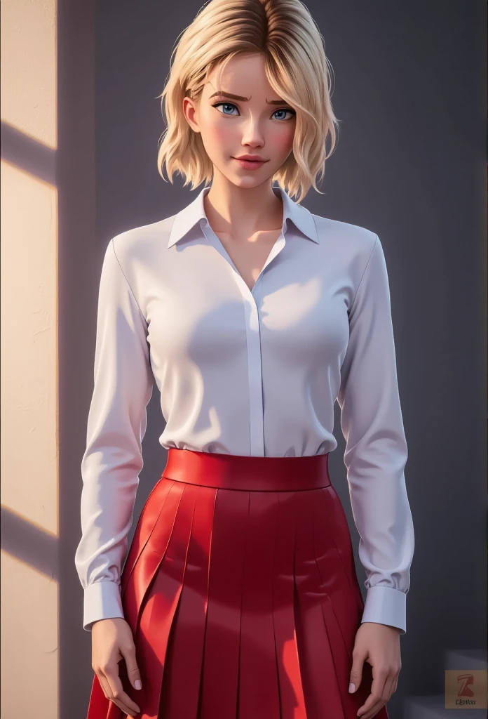 tight office shirt, red pleated skirt, short hair, blonde, extremely beautiful, curvy, thin waist, Big juicy ass, looking at viewer, seducing viewer