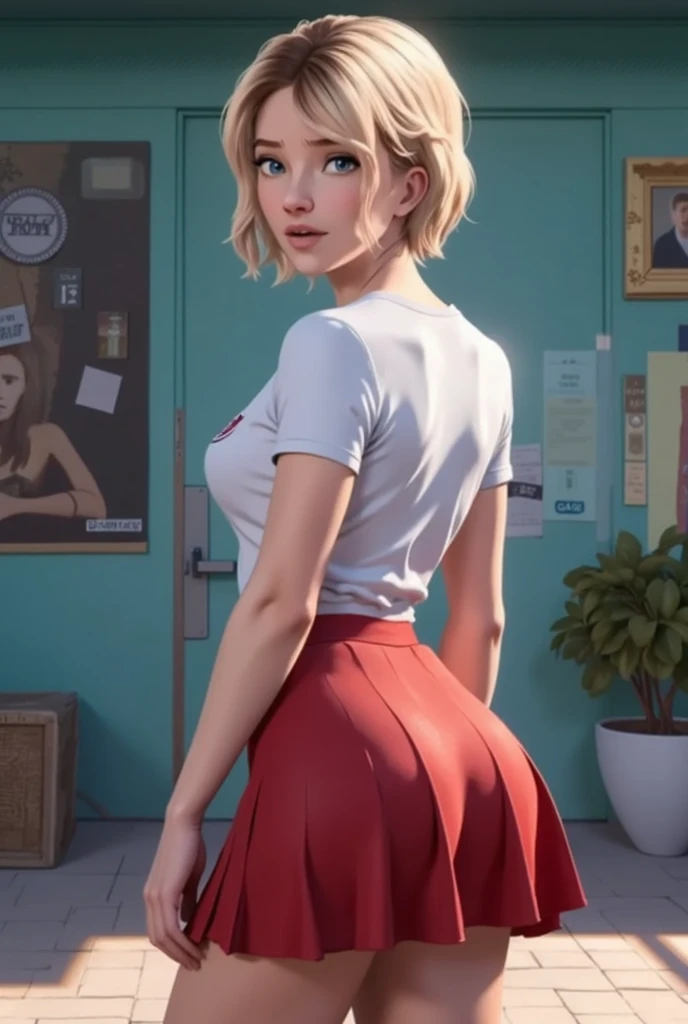 tight office shirt, red pleated skirt, short hair, blonde, extremely beautiful, curvy, thin waist, Big juicy ass, looking at viewer, seducing viewer