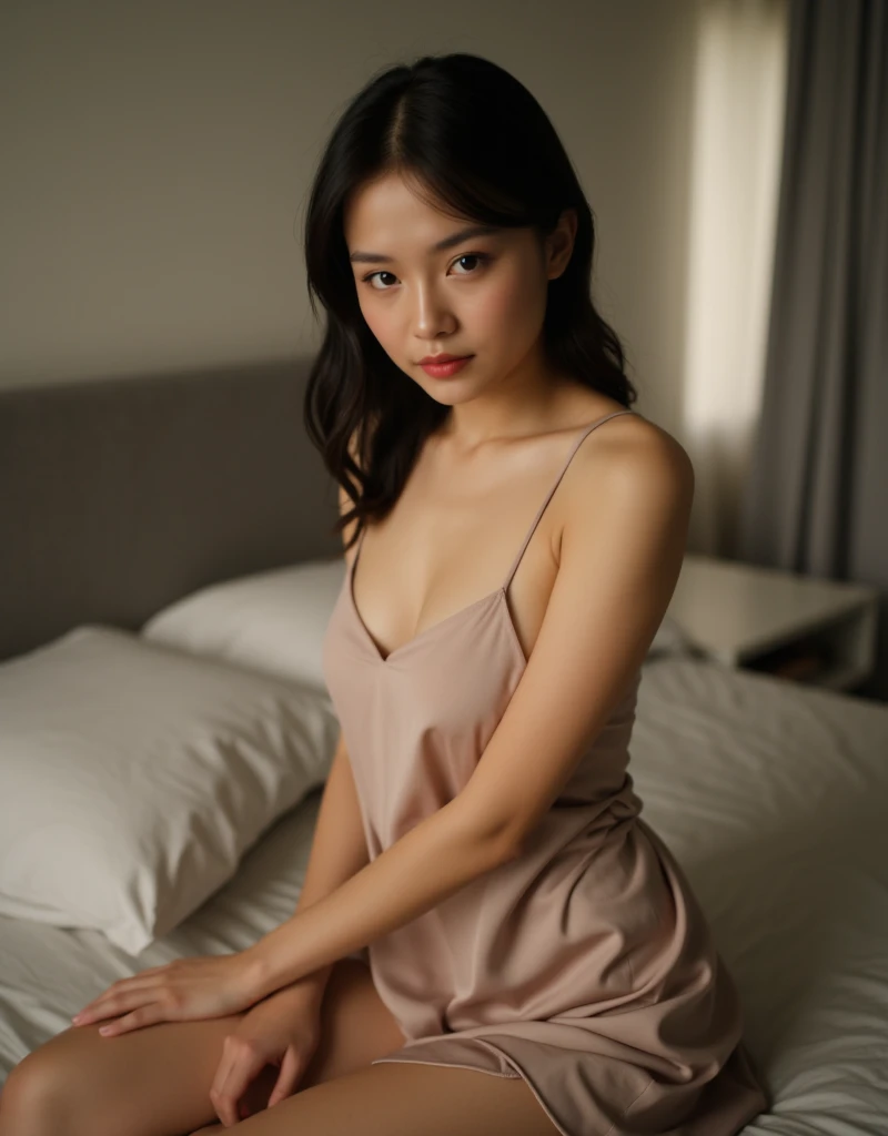 A woman wearing a short, skin-tight nightgown in a bright pink color., bob hair, Turn your head directly to look at the camera., charming smile, smile showing teeth, beautiful portrait, Half-Thai-Chinese woman, , Half-Thai-Chinese woman, beautiful young woman, beautiful young woman, Half-Thai-Chinese woman, beautiful female model, beautiful female model, lovely young woman, beautiful young woman, lovely young woman, Half-Thai-Chinese woman, sitting in the bedroom, see full body, The picture is very clear.