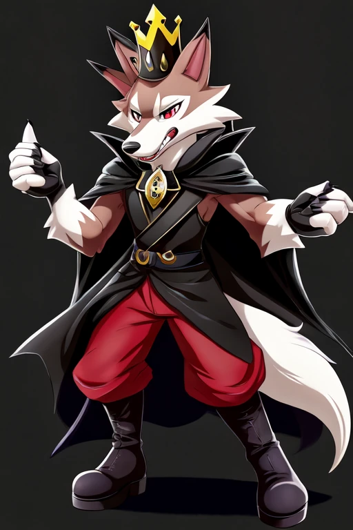 1boy, furry, anime, king clothes, midday lycanroc as king of spades, evil character, a ferocious mockery, sfw, clothed, dark background, small royal crown on head, dark gloves, dark boots, black cape