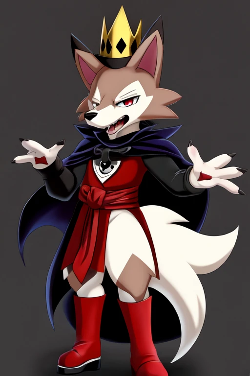 1boy, furry, anime, king clothes, midday lycanroc as king of spades, evil character, a ferocious mockery, sfw, clothed, dark background, small royal crown on head, dark gloves, dark boots, black cape