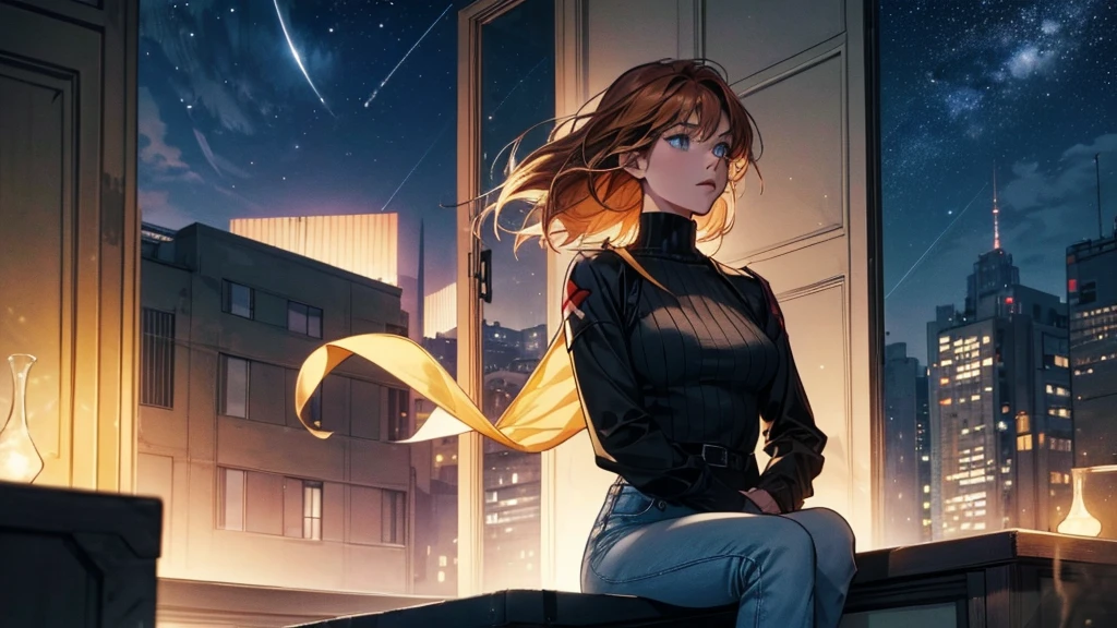 "A young woman with short auburn hair sits on the edge of a rooftop at night, gazing out over a quiet cityscape illuminated by distant city lights. She is wearing a black turtleneck and jeans, with her legs casually folded beneath her as she holds a cigarette in one hand. The sky above is dark and filled with stars, creating a serene yet introspective atmosphere. The warm glow of windows in nearby buildings contrasts with the cool, dim lighting on the rooftop, highlighting her silhouette. The scene evokes a sense of solitude and contemplation under the vast, starlit sky."