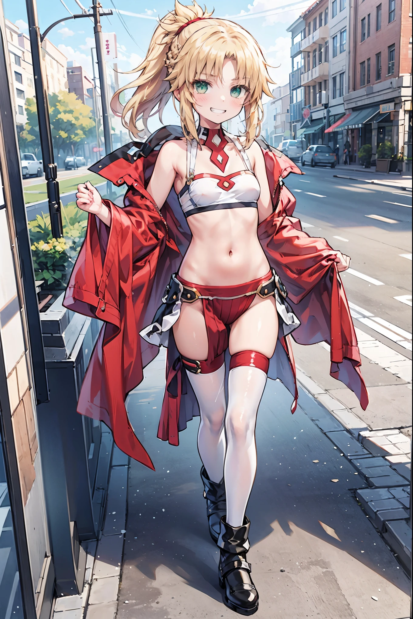 best quality, integrated scenery, integrated background, extremely delicate and beautiful, meticulous details, good composition, cute face, perfect face, perfect hands ,Masterpiece, Best Quality, illustration, city street, 1girl, Mordred \(fate\), collarbone, Detailed blond hair ponytail braid, green eyes,, White tubetop ,pelvic_curtain,navel,thigh-high,grin,(covered_nipples:0.6),skiny,big_smile,solo,boots,thigh-highs,groin