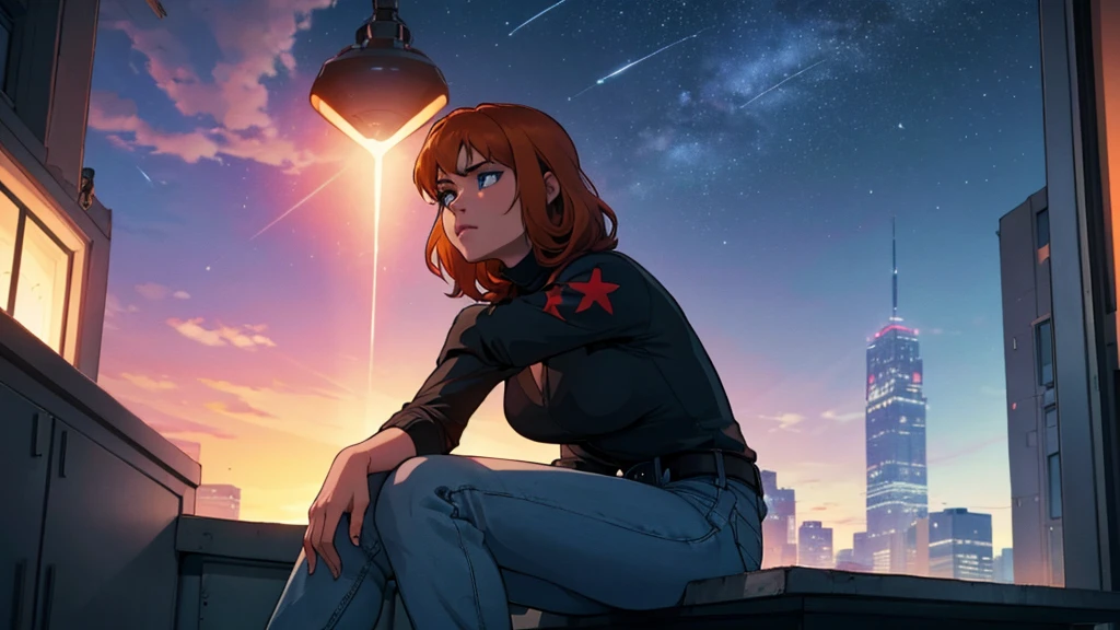 "A young woman with short auburn hair sits on the edge of a rooftop at night, gazing out over a quiet cityscape illuminated by distant city lights. She is wearing a black turtleneck and jeans, with her legs casually folded beneath her as she holds a cigarette in one hand. The sky above is dark and filled with stars, creating a serene yet introspective atmosphere. The warm glow of windows in nearby buildings contrasts with the cool, dim lighting on the rooftop, highlighting her silhouette. The scene evokes a sense of solitude and contemplation under the vast, starlit sky."