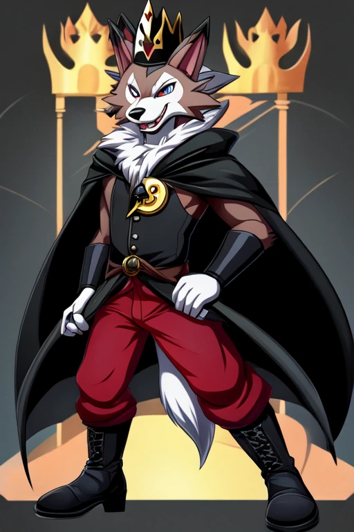 1boy, furry, anime, king clothes, midday lycanroc as king of spades, evil character, a ferocious mockery, sfw, clothed, abstract evil dark background, small royal crown on head, dark gloves, dark boots, black cape, good arms with 5 fingers, detailed face, perfect anatomy, perfect face, detailed eye, black circle on eye, hold a chain in his arms