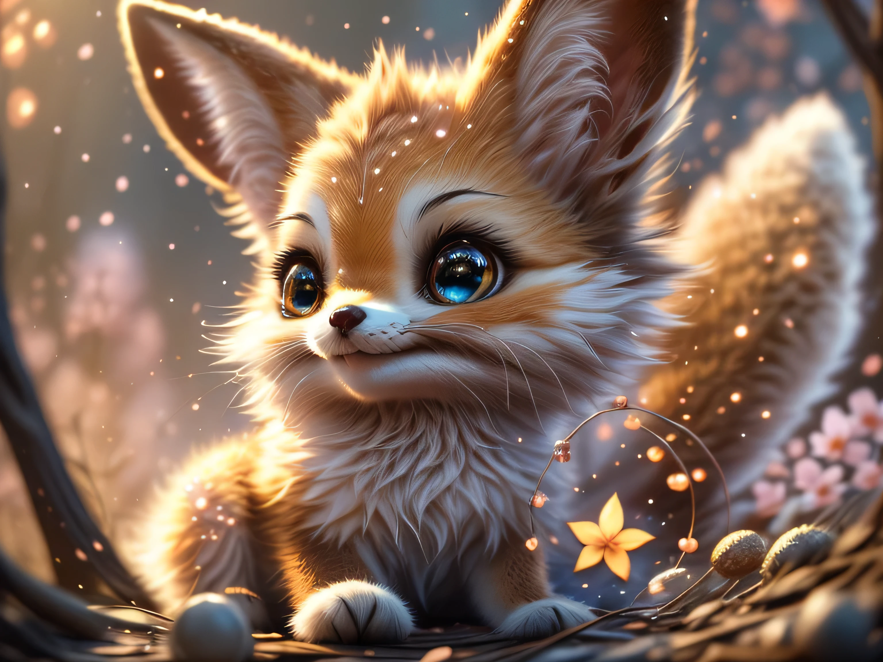 Magical Fantasy Creature, (Best Quality, Masterpiece, Representative Work, Official Art, Professional, Ultra Fine Detail, 8k:1.3), (Photorealism:1.2), Fox Spirit, Super Cute, Big Eyes, Soft, Delicate Nose, Fluffy, Two-Toothed Smile, Cute Fennec Fox Ghost, Realistic, Beautiful, Sparkling, Stars in Eyes, Star Pearl, Fox Lights, Soft Volumetric Light, (Backlight:1.3), (Cinematic:1.2), Intricate Details, (ArtStation:1.3), --auto --s2