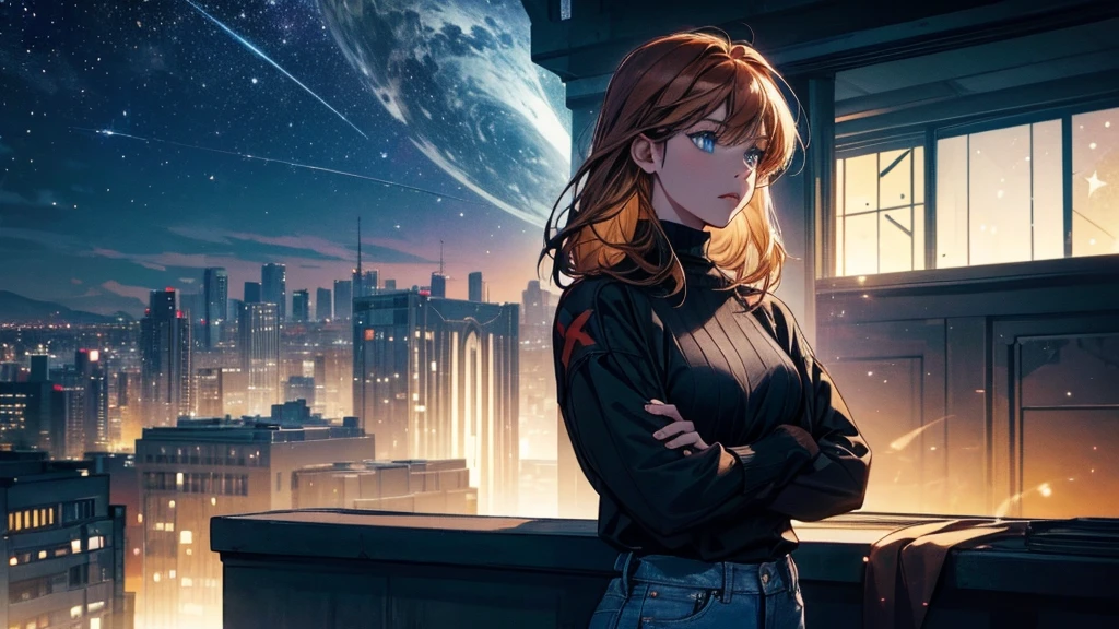 "A young woman with short auburn hair sits on the edge of a rooftop at night, gazing out over a quiet cityscape illuminated by distant city lights. She is wearing a black turtleneck and jeans, with her legs casually folded beneath her as she holds a cigarette in one hand. The sky above is dark and filled with stars, creating a serene yet introspective atmosphere. The warm glow of windows in nearby buildings contrasts with the cool, dim lighting on the rooftop, highlighting her silhouette. The scene evokes a sense of solitude and contemplation under the vast, starlit sky."