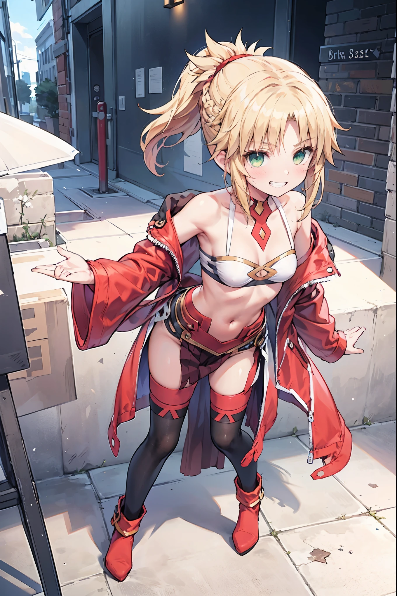 best quality, integrated scenery, integrated background, extremely delicate and beautiful, meticulous details, good composition, cute face, perfect face, perfect hands ,Masterpiece, Best Quality, illustration, city street, 1girl, Mordred \(fate\), collarbone, Detailed blond hair ponytail braid, green eyes,, White tubetop ,pelvic_curtain,navel,thigh-high,grin,(covered_nipples:0.6),skiny,big_smile,solo,boots,thigh-highs,groin