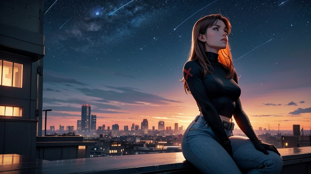 "A young woman with short auburn hair sits on the edge of a rooftop at night, gazing out over a quiet cityscape illuminated by distant city lights. She is wearing a black turtleneck and jeans, with her legs casually folded beneath her as she holds a cigarette in one hand. The sky above is dark and filled with stars, creating a serene yet introspective atmosphere. The warm glow of windows in nearby buildings contrasts with the cool, dim lighting on the rooftop, highlighting her silhouette. The scene evokes a sense of solitude and contemplation under the vast, starlit sky."