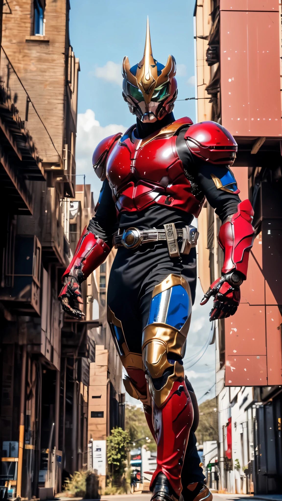 (masterpiece:1.5, best quality:1.5, extremely delicate:1.5), ((male:1.5)), a man wearing a full-face helmet, green eyes, fantasy-style high-tech biomimetic armored combat suit, (a composite layered chest armor), the design balances heavy with agility, fully enclosed shoulder guards, matching arm and leg guards, a belt of gemstone, (the color scheme is primarily Red with Blue and White accents, Organic Biotech, Concept Inspired by Lionheart, glowing eyes, armor glows, stand of a futuristic sci-fi city), this character embodies a finely crafted fantasy-style armored hero in anime style, exquisite and mature art style, metallic, high definition, highres, ultra-detailed, ultra-fine painting, professional, perfect body proportions, golden ratio, anatomically correct, symmetrical face, extremely detailed eyes and face, high quality eyes, creativity, RAW photo, UHD, 32k, Natural light, cinematic lighting, masterpiece-anatomy-perfect