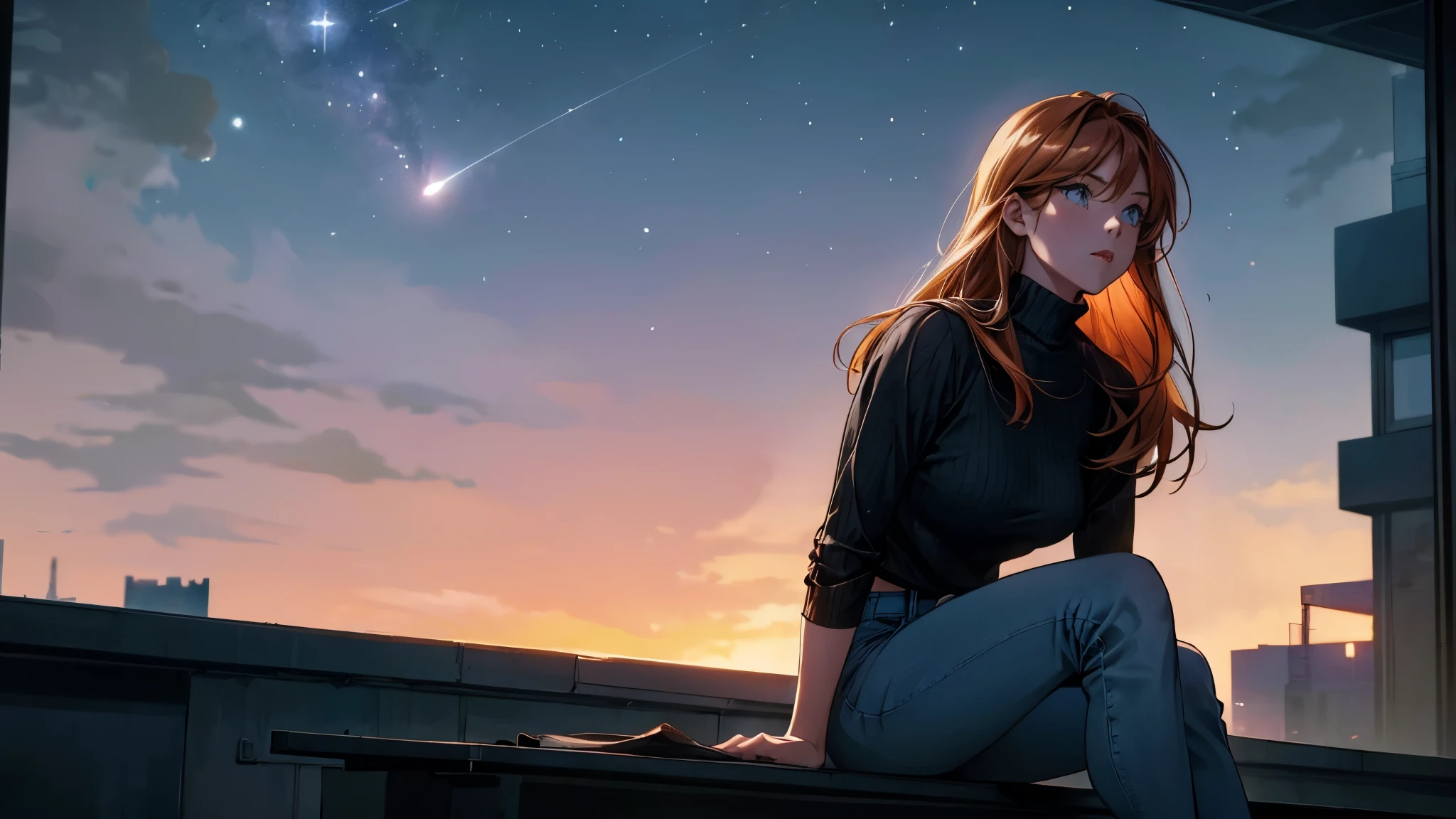 "A young woman with short auburn hair sits on the edge of a rooftop at night, gazing out over a quiet cityscape illuminated by distant city lights. She is wearing a black turtleneck and jeans, with her legs casually folded beneath her as she holds a cigarette in one hand. The sky above is dark and filled with stars, creating a serene yet introspective atmosphere. The warm glow of windows in nearby buildings contrasts with the cool, dim lighting on the rooftop, highlighting her silhouette. The scene evokes a sense of solitude and contemplation under the vast, starlit sky."