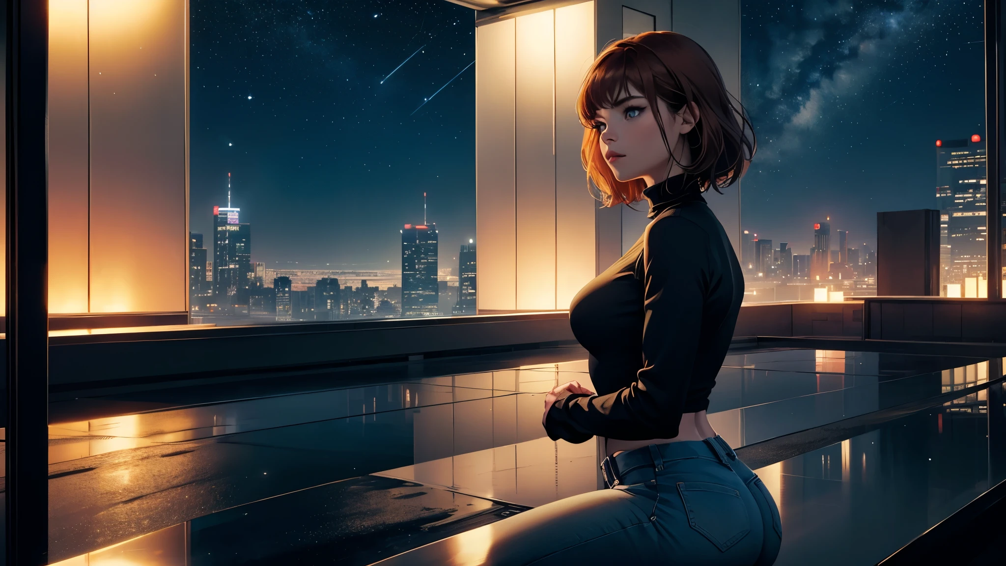 "A young woman with short auburn hair sits on the edge of a rooftop at night, gazing out over a quiet cityscape illuminated by distant city lights. She is wearing a black turtleneck and jeans, with her legs casually folded beneath her as she holds a cigarette in one hand. The sky above is dark and filled with stars, creating a serene yet introspective atmosphere. The warm glow of windows in nearby buildings contrasts with the cool, dim lighting on the rooftop, highlighting her silhouette. The scene evokes a sense of solitude and contemplation under the vast, starlit sky."