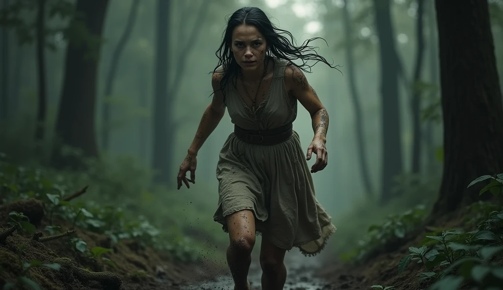 Dark forest at night. actress: A young Anna Paquin runs naked through a dark forest. 