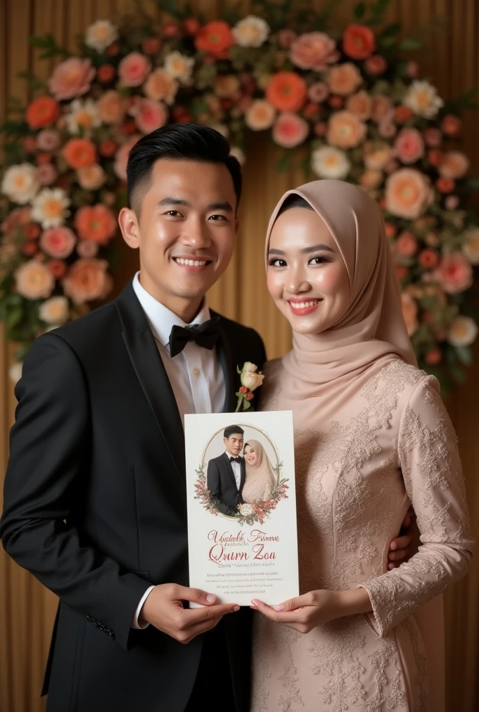 Indonesian bride and groom. The groom had short hair and wore a black suit and black tie. the bride wore a white dress. they held a big heart sign. smiling expression.