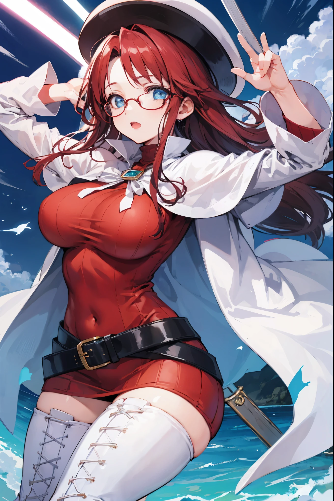 best quality, integrated scenery, integrated background, extremely delicate and beautiful, meticulous details, good composition, cute face, perfect face, perfect hands ,summonnightaty, aty, (young:1.3),long hair, blue eyes, red hair, large_breasts, hat, glasses,
BREAK long hair, thighhighs, dress,  glasses, belt, cape, sweater, turtleneck ,zettai ryouiki, beret, thigh boots, white footwear, ribbed sweater, loose belt,solo,
BREAK outdoors, fantasy,
,Highquality_hads,perfect_fingers,
BREAK , best quality, high resolution, unity 8k wallpaper, (illustration:0.8), (beautiful detailed eyes:1.6), extremely detailed face, perfect lighting, extremely detailed CG, (perfect hands, perfect anatomy),(covered_nipples:0.6),(covered_navel:0.6) ,half_eyes,sleepy_eyes,red_sweater,rise_knee,light_Smile,open_arms,in_beach,plump,open_mouth,solo, lie_down,,incoming_hug,open_arms,(covered_breasts:1.5), slouch