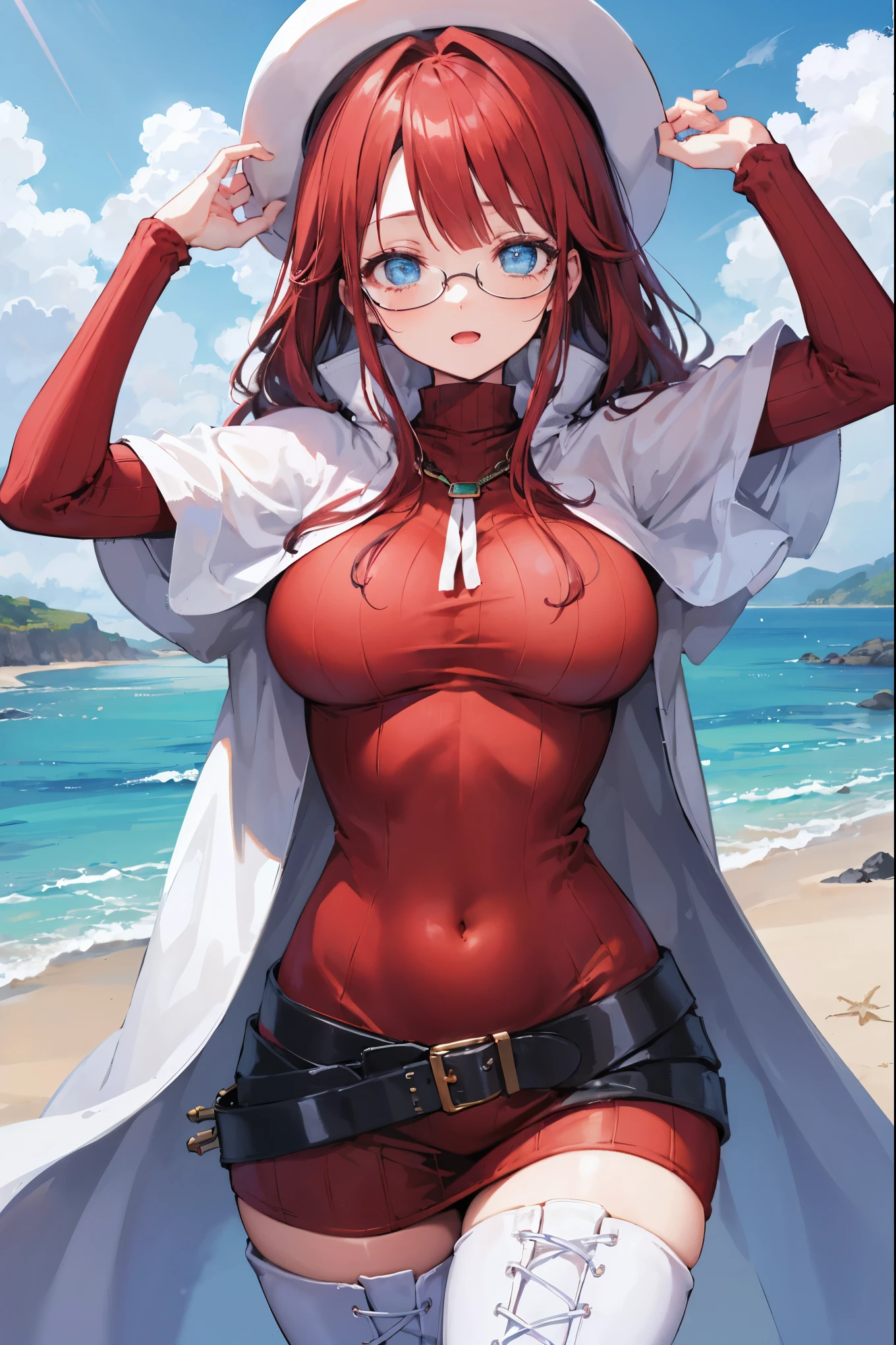 best quality, integrated scenery, integrated background, extremely delicate and beautiful, meticulous details, good composition, cute face, perfect face, perfect hands ,summonnightaty, aty, (young:1.3),long hair, blue eyes, red hair, large_breasts, hat, glasses,
BREAK long hair, thighhighs, dress,  glasses, belt, cape, sweater, turtleneck ,zettai ryouiki, beret, thigh boots, white footwear, ribbed sweater, loose belt,solo,
BREAK outdoors, fantasy,
,Highquality_hads,perfect_fingers,
BREAK , best quality, high resolution, unity 8k wallpaper, (illustration:0.8), (beautiful detailed eyes:1.6), extremely detailed face, perfect lighting, extremely detailed CG, (perfect hands, perfect anatomy),(covered_nipples:0.6),(covered_navel:0.6) ,half_eyes,sleepy_eyes,red_sweater,rise_knee,light_Smile,open_arms,in_beach,plump,open_mouth,solo, lie_down,,incoming_hug,open_arms,(covered_breasts:1.5), slouch