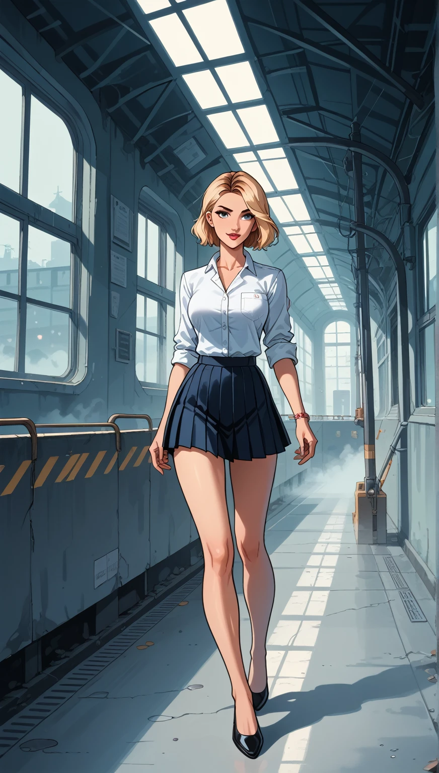 score_9, score_8_up, score_7_up, (Western Comics), Gwen Stacy, beautiful girl, cute, seductive, innocent, solo, office shirt, red pleated skirt, fog atmosphere, fashion photography, cinematic photography, vibrant colors, cinematic lighting, abandoned old train station, (fog background), (Full body photo), (depth of field), (dynamic angle), (ultra detailed, high quality texture), (sharp), (artistic image)