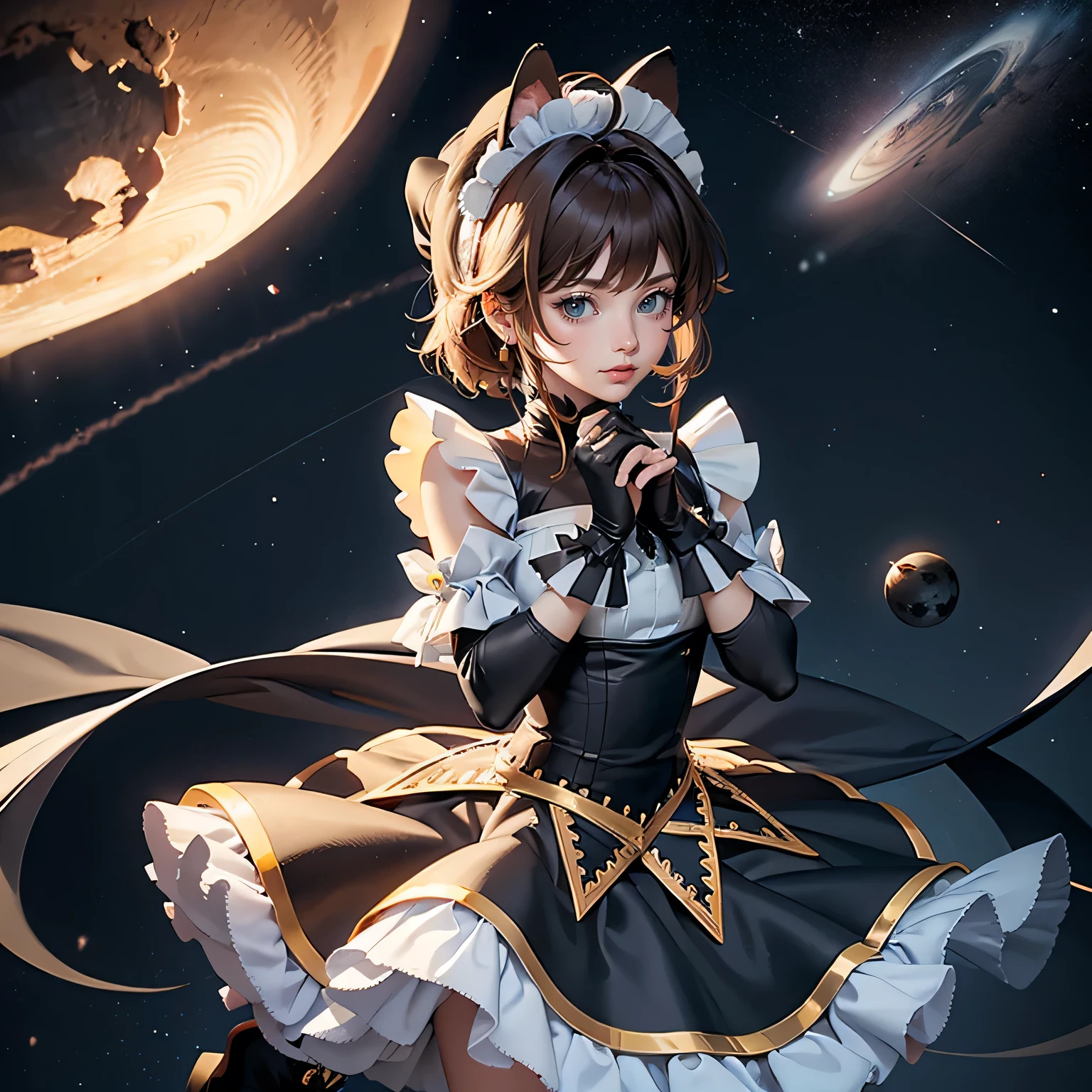 1girl, black maid dress, jewelry, brown hair, flowing hair, short hair, black maid dress with a short skirt and layers, black laces, black boots, black dress with transparency, gold details on her clothes, cat ears, animal ears, more details, perfectly body, perfectly hands, two hands, two legs, two arms, five fingers, glowing hair, best quality, hat, cat ears, tail ornament, tail bow, black gloves, two cat tail, black gloves, alone, maid headdress, choker, detached sleeves, maid dress, maid black dress, strapless, masterpeice, best quality, detailed face, night, asymmetrical gloves, bangs, black short skirt , black gloves, black boots, earrings, elbow gloves, fishnet thighhighs, fishmasterpeice, solo, best quality, detailed face, gloves, hair between eyes, jewelry, looking at viewer, single earring, sky, sleeveless, solo, thigh boots, thighhighs, tongue, tongue out, uneven gloves, solo, alone, Looking at the viewer, More details on the clothes, magenta roses on her hair, space scenery, maid, maid dress, magenta details, magenta roses, maid headdress, maid apron, wave hair, seat on the Saturn rings, more details on her clothes, gold details on her clothes, space, smiling, standing her hand to a viewer, looking at the viewer, in the background a several asteroids glowing with fiery auras, Dramatic lighting from distant stars and planets illuminates the scene, looking at the vast and mysterious universe, cowboy shot, upper body portrait, more details, sparkle,