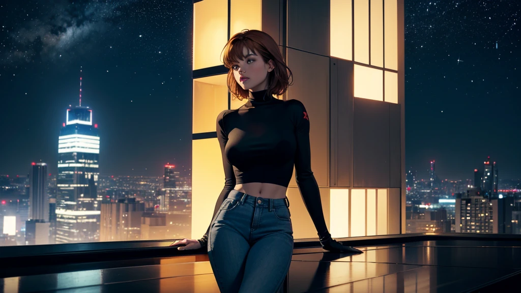 "A young woman with short auburn hair sits on the edge of a rooftop at night, gazing out over a quiet cityscape illuminated by distant city lights. She is wearing a black turtleneck and jeans, with her legs casually folded beneath her as she holds a cigarette in one hand. The sky above is dark and filled with stars, creating a serene yet introspective atmosphere. The warm glow of windows in nearby buildings contrasts with the cool, dim lighting on the rooftop, highlighting her silhouette. The scene evokes a sense of solitude and contemplation under the vast, starlit sky."