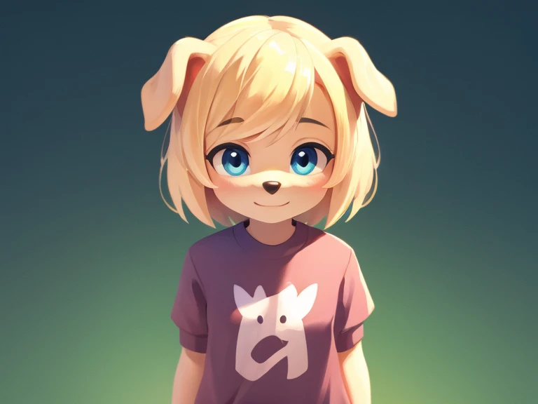 A cute blond dog girl with shiny hair, a detailed body, plain clothes, a nice background, high quality, a masterpiece 