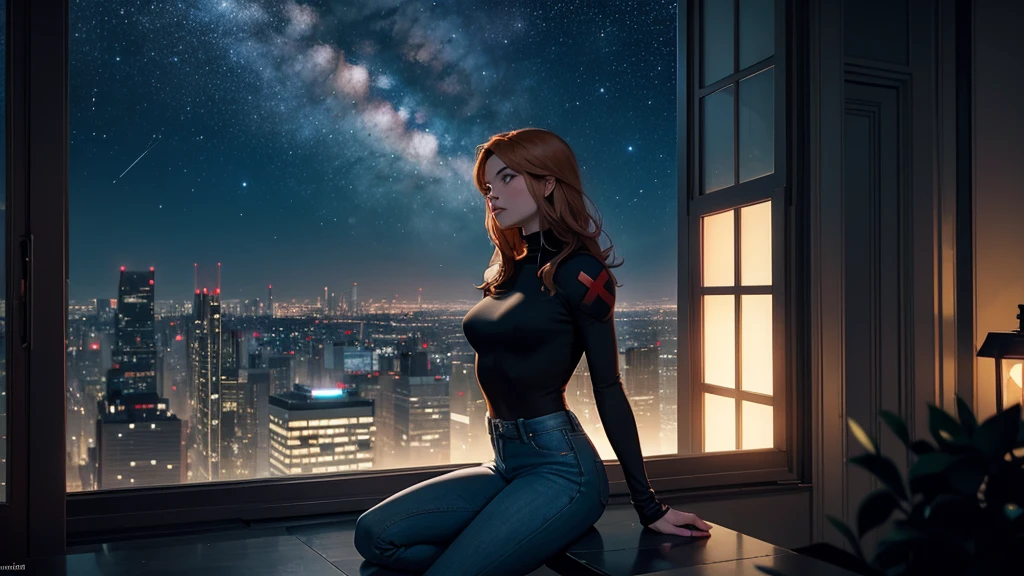 "A young woman with short auburn hair sits on the edge of a rooftop at night, gazing out over a quiet cityscape illuminated by distant city lights. She is wearing a black turtleneck and jeans, with her legs casually folded beneath her as she holds a cigarette in one hand. The sky above is dark and filled with stars, creating a serene yet introspective atmosphere. The warm glow of windows in nearby buildings contrasts with the cool, dim lighting on the rooftop, highlighting her silhouette. The scene evokes a sense of solitude and contemplation under the vast, starlit sky."