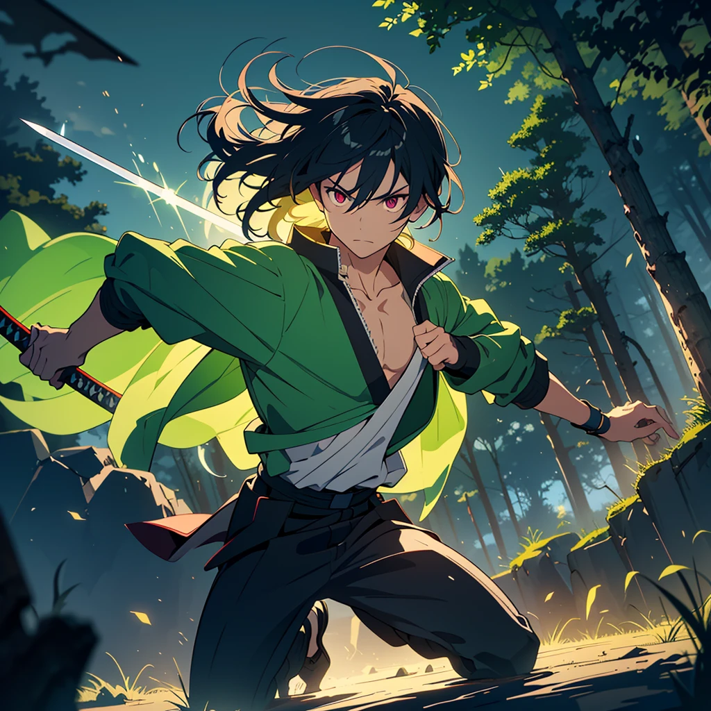  Create an epic and dynamic image that captures a young and courageous swordsman ,  inspired by the artistic style of Kimetsu No Yaiba  (demon Slayer).  The swordsman has messy black hair ,  intense eyes and wears a traditional haori with intricate patterns and dark colors .  He is pouncing forward in the midst of a jump ,  wielding his katana that is shrouded in brilliant green rays of electrical energy .  The sword radiates a green light that illuminates its figure and creates dramatic light effects in the environment .  The swordsman is surrounded by an aura of energy that distorts and alters the environment around him,  with sparks and waves of power visible in the air .  The ground below him shows cracks and debris that rise due to his immense power . In the shadows behind him ,  catch a glimpse of the menacing silhouette of a giant demon ,  with bright red eyes and monstrous features ,  partially hidden by darkness but emanating a sinister presence .  The environment is a forest dark with trees that twist under the influence of energy ,  flying leaves and fog that adds mystery to the scene .  The lighting comes mainly from the green flashes of the sword and the aura of the swordsman ,  creating a strong contrast between the lights and deep shadows of the forest .  The image must be of high resolution ,  with fine details in the characters and environment ,  anime style/manga,  vibrant and dynamic colors .  Captures the climax of action and emotion ,  emphasizing the y movement the intensity of the impending battle .