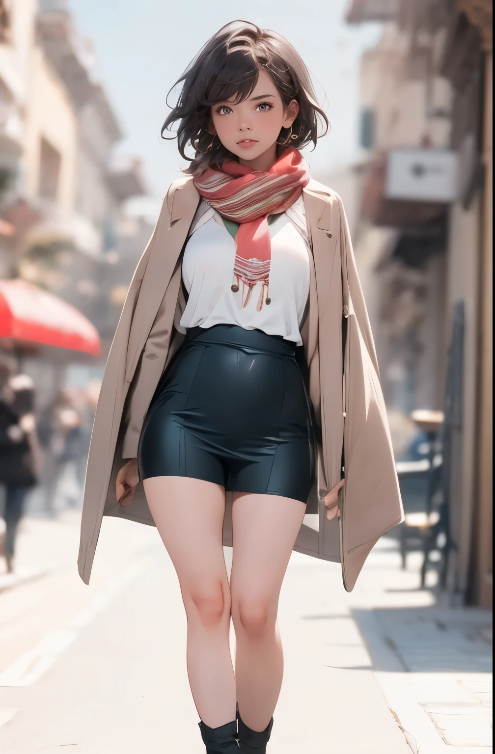 
short black_hair, blurry, blurry_background, blurry_foreground, bokeh, green_eyes, blushing, , cosplay_photo, depth_of_field,, lips, greek port, front view,, colourful beany, striped scarf and christmas jersey, middle distance, full body