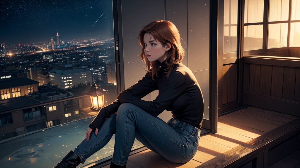 "A young woman with short auburn hair sits on the edge of a rooftop at night, gazing out over a quiet cityscape illuminated by distant city lights. She is wearing a black turtleneck and jeans, with her legs casually folded beneath her as she holds a cigarette in one hand. The sky above is dark and filled with stars, creating a serene yet introspective atmosphere. The warm glow of windows in nearby buildings contrasts with the cool, dim lighting on the rooftop, highlighting her silhouette. The scene evokes a sense of solitude and contemplation under the vast, starlit sky."