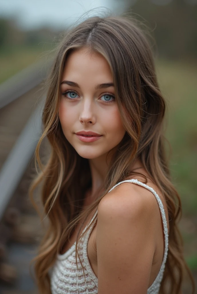16 year old girl, beautiful big striking blue eyes, delicate black eyebrows, rosy cheeks, Red lips, smiling face very white skin, long wavy orange hair cascading around her face and shoulders, detailed tabs, photorealistic cyberpunk style, Perfectly focused, smooth and creamy complexion, beautifully lit by soft diffused studio lights, extremely fine details, Photo of fine textured skin and hair, from head to toe, using black strapless corset, sexy medium breasts