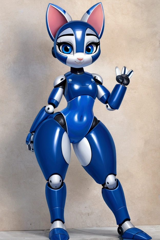 Small thin female robot kitten with good big thighs and cute blue eyes and with a full body swimsuit and she is a robot girl she is very cute very beautiful and very sexy and she is a rescuer.