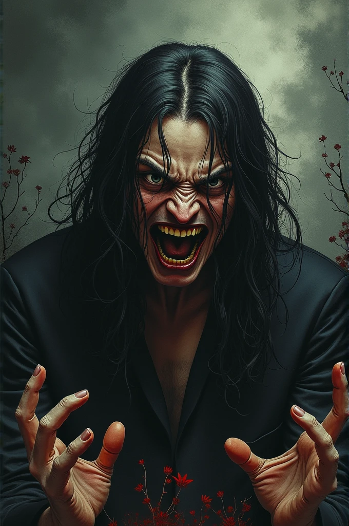 (raw photo, best quality) , (Realistic, photo-realistic: 1.3), Extremely formidable, masterpiece, ultra-detailed, high resolution, Best illustration, best shadow, complex, depth of field, horror, scary, frightening, terrifying, only, man 1homme(Masculin), athletic, dirty hair, dreadlocks (scary eye), bad eyes crazy, sadistic smile of crazy monster with sharp teeth, chin stretched out, percings, Look at the viewer, black clothes, black jacket without sleeve, blood, sangy, expression crazy, Sharpness, volumetric fog, 8k uh, DSLR, High quality, (film grain: 1.4), Fujifilm XT3, darkness, night