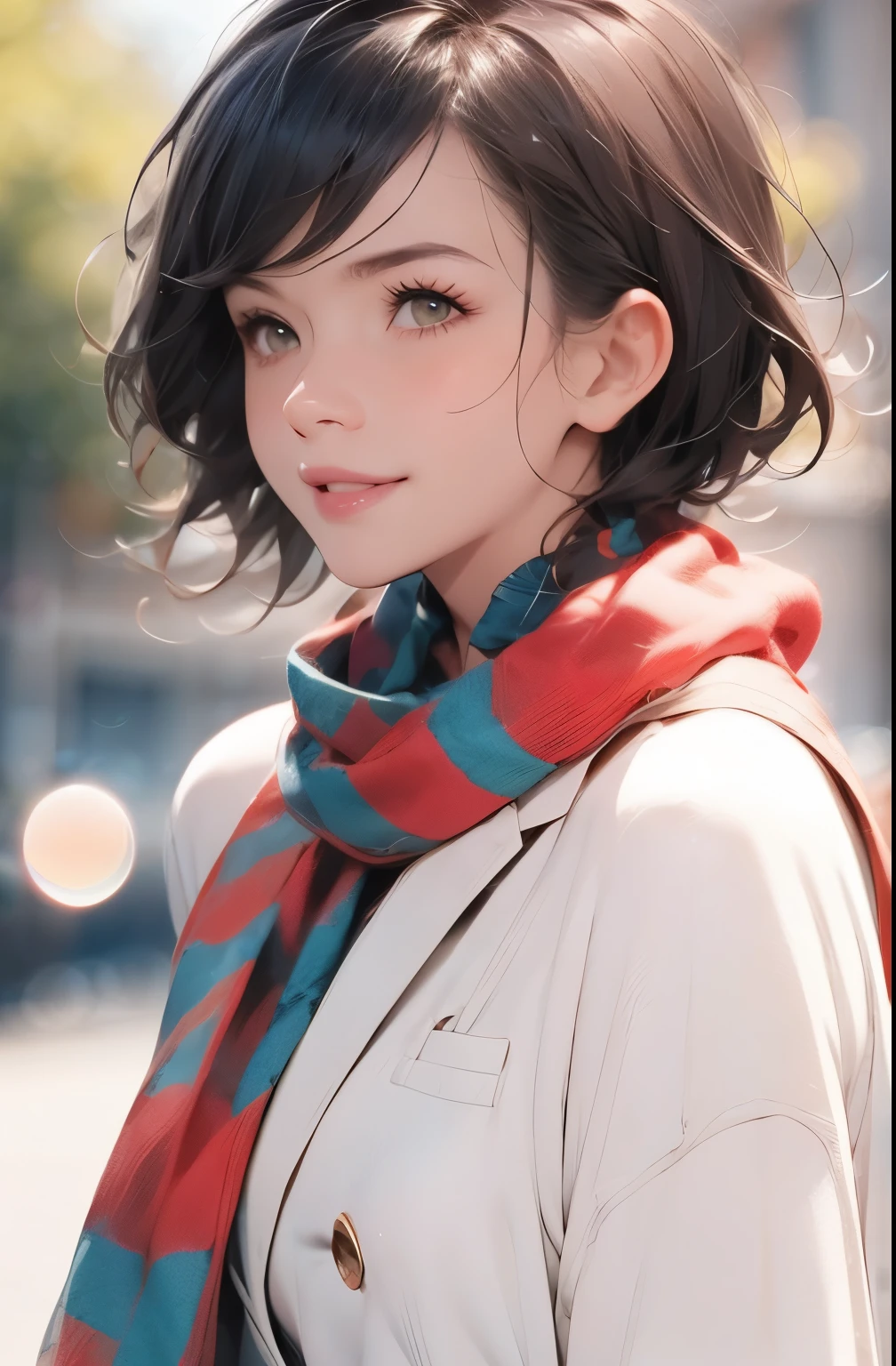 
short black_hair, blurry, blurry_background, blurry_foreground, bokeh, green_eyes, blushing, , cosplay_photo, depth_of_field,, lips, greek port, front view,, colourful beany, striped scarf and christmas jersey, middle distance, full body