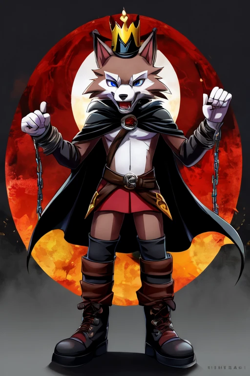 1boy, furry, anime, king clothes, midday lycanroc as king of spades, evil character, a ferocious mockery, sfw, clothed, abstract evil dark background, small royal crown on head, dark gloves, dark boots, black cape, good arms with 5 fingers, detailed face, perfect anatomy, perfect face, detailed eye, black circle on eye, hold a chain in his arms