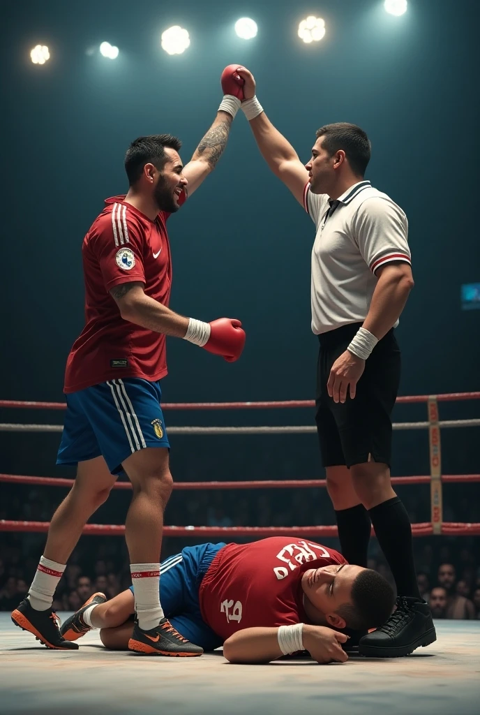 cristiano ronaldo wear jersi, muscular male fighter, wwe wrestler, punch face, Lionel messi, male soccer player, iron chair, action scene, dynamic pose, dramatic lighting, cinematic style, gritty texture, high contrast, intense colors, photorealistic.