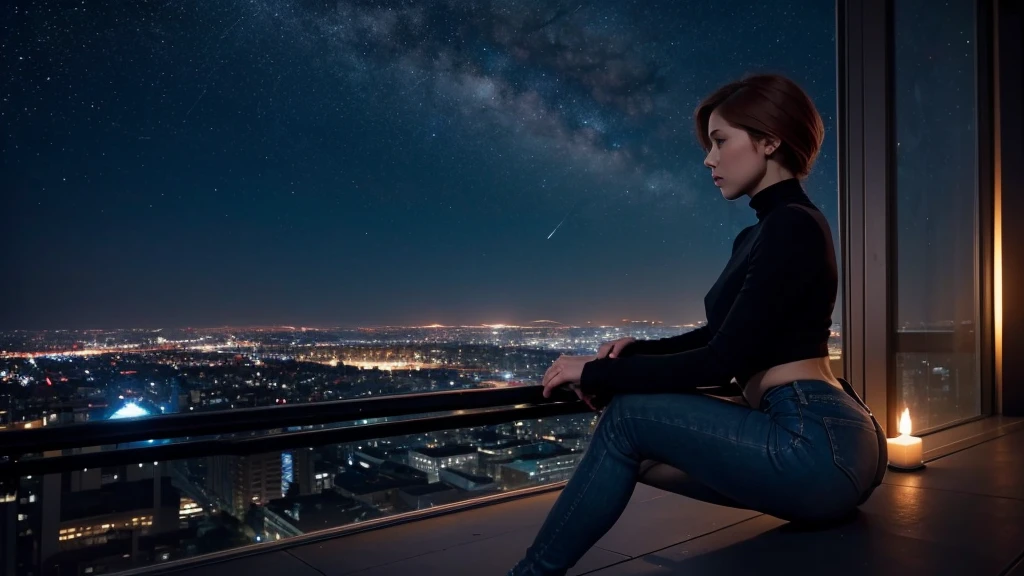 "A young woman with short auburn hair sits on the edge of a rooftop at night, gazing out over a quiet cityscape illuminated by distant city lights. She is wearing a black turtleneck and jeans, with her legs casually folded beneath her as she holds a cigarette in one hand. The sky above is dark and filled with stars, creating a serene yet introspective atmosphere. The warm glow of windows in nearby buildings contrasts with the cool, dim lighting on the rooftop, highlighting her silhouette. The scene evokes a sense of solitude and contemplation under the vast, starlit sky."