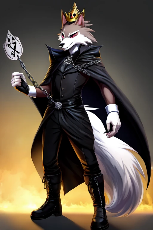 1boy, furry, anime, king clothes, midday lycanroc as king of spades holding a chain, evil character, a ferocious mockery, sfw, clothed, abstract evil dark grey background, small royal crown on head, dark gloves, dark boots, black cape, good arms with 5 fingers, detailed face, perfect anatomy, perfect face, detailed eye, black circle on eye, standing in shadow