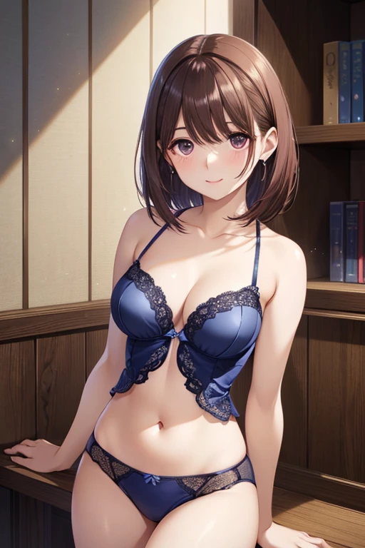 frame in, from right in front of face and body, view straight on, upper body, High quality, very high res, High quality, very high res, cute girl, brown hair, forehead, blunt bangs, bob cut, blush, blush, Brushed up bangs, see light blue polka dot bra, medium breasts, I can see your belly button, arms behind, upright, naughty way to sit, smile, at office