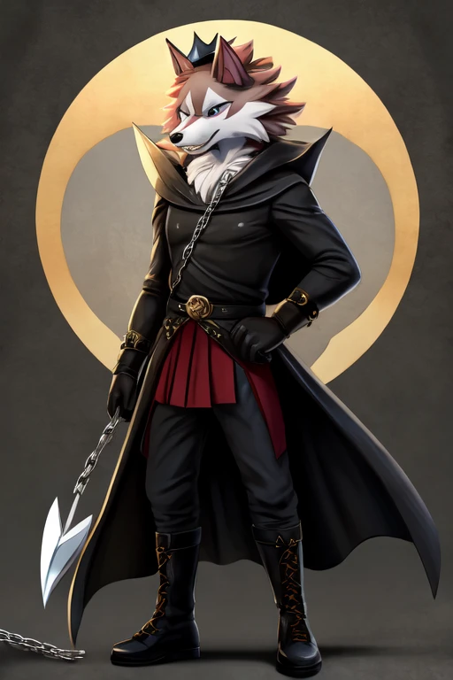 1boy, furry, anime, king clothes, midday lycanroc as king of spades holding a chain, a chain with a harpoon on the end, evil character, a ferocious mockery, sfw, clothed, abstract evil dark grey background, small royal crown on head, dark gloves, dark boots, black cape, good arms with 5 fingers, detailed face, perfect anatomy, perfect face, detailed eye, black circle on eye, standing in shadow