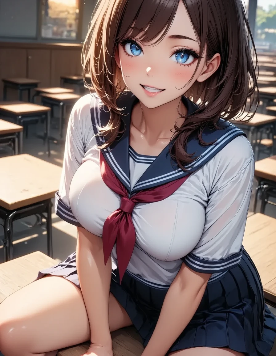 Highest quality、High resolution、Detailed Background、(Beautiful face in every detail:1.4)、Anatomically correct、(Detailed facial expressions)、(Detailed eyes:1.2)、Teenage beauty、(Highly detailed face:1.4)、(Huge breasts:1.3)、Cute hair colour、Bobcut、ponytail、Twin tails、well-groomed eyebrows、Perfect body line、Attractive thighs、Cute gestures、Sailor suit、JK Uniform、Pleated skirt、White Stockings、Underit at a desk in the classroom、The button is broken and the breasts are spilling out、Panty Shot、
(A beautiful girl showing her armpits with a big smile:1.5)