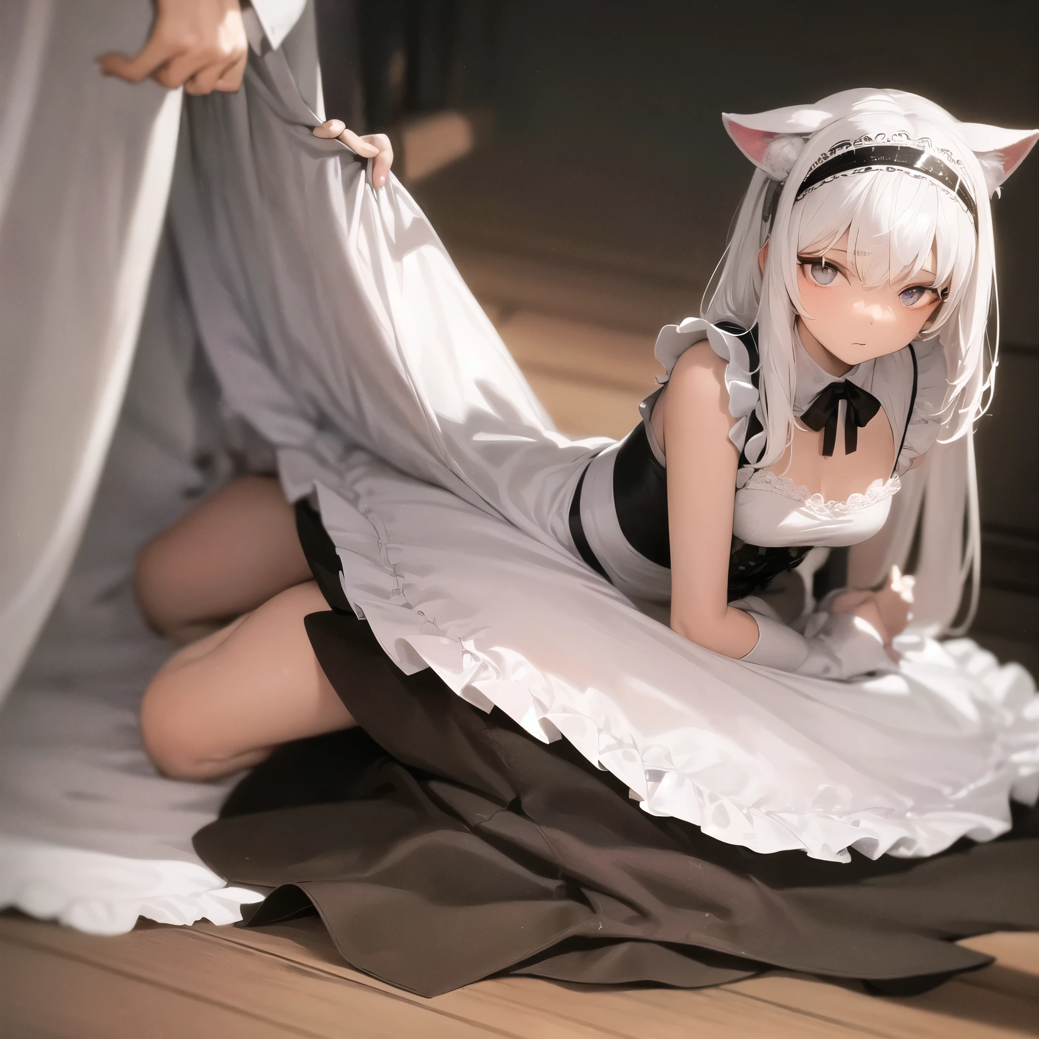 ((Masterpiece, Best Quality, Ultra Detailed, High Resolution)), White Cream Chihuahua, ((((Pretty)), White Tights, Full Body , Thin and Petite Loli, Lying on the Ground, Hands Nowhere to Rest, Pixiv Digital Art, Animated Girl , Cute Little Breasts , Lots of Skin Exposed, White Silk, Shy, Exposed, Sexy, Shy, Trembling, Messy Hair, Exhausted, Barefoot, Reluctant, Exposed Feet