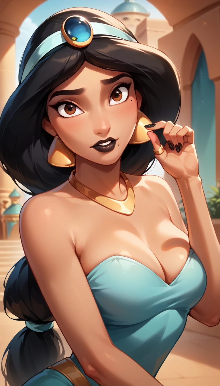 masterpiece, highest quality, highest resolution, distinct_image, detailed details) , 1 girl , 20's , young person , ( large breasts and large hips ), (attractive body, attractive face and attractive expressions and attractive eyes and attractive lips ) , ( soft hair and soft skin ) , one black mole on left eye , soft lips , black eyeshadow , black makeup , brown eyes , black lips , black fingernails , attractive women , attractive girl , big bright eyes , gold ring , ring , on Arabian castle  , black skinned , jasmine , Aladdin ,