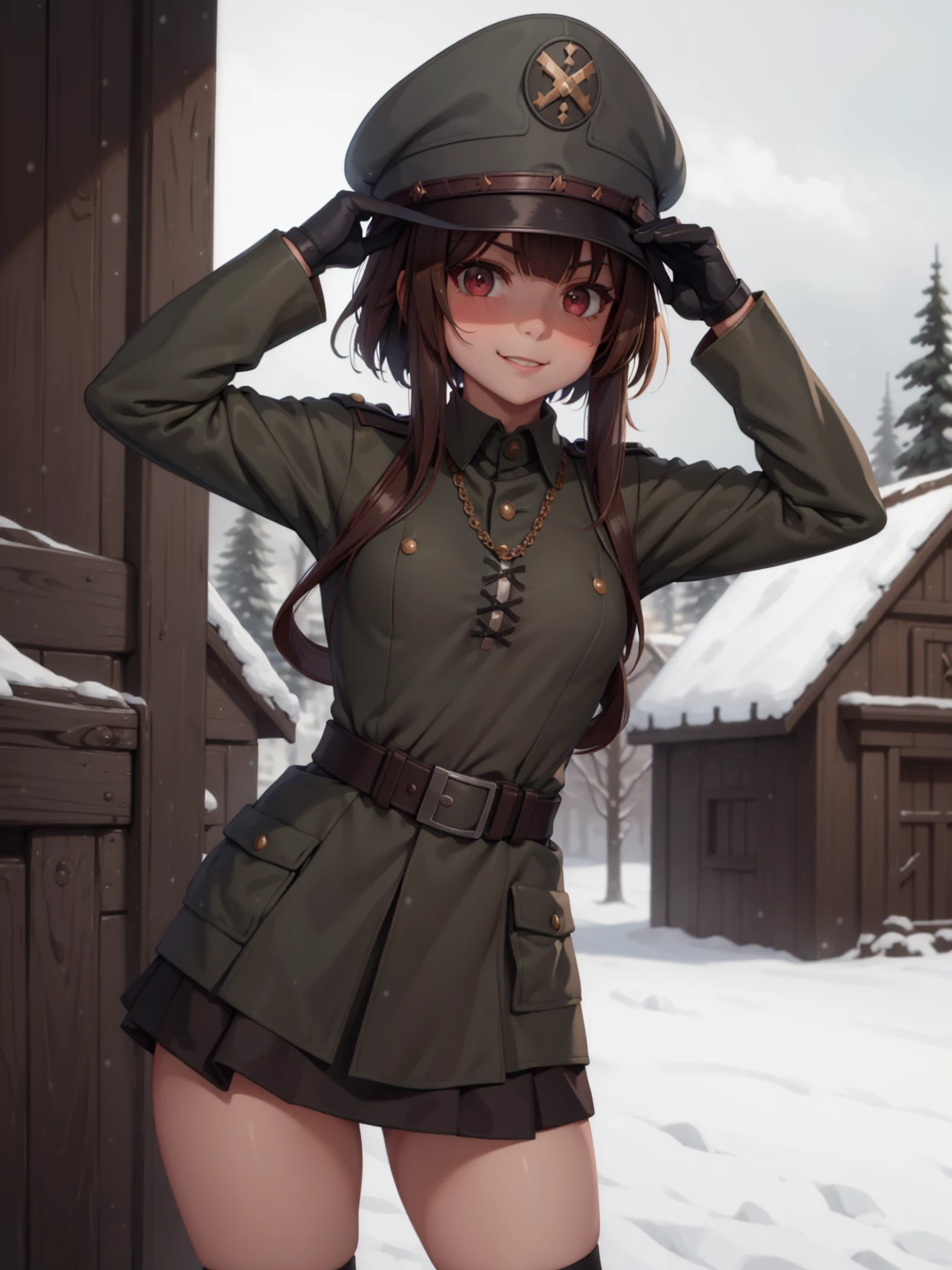 fascist, black ww2 ss uniform, military, german soldier, german officer hat, (masterpiece)1 girl, Megumin, best quality, flat chest, expressive eyes, perfect face, smile, blush, outside, day, snowy gothic castle background, looking at viewer, moody lighting
