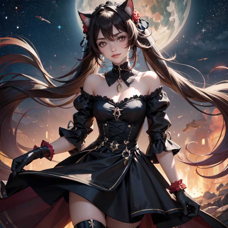 1girl, black maid dress, jewelry, brown hair, flowing hair, long hair, twintails, black maid dress with a short skirt and layers, gold laces, black boots, black dress with transparency, golden details on her clothes, hat, cat ears, animal ears, more details, perfectly body, perfectly hands, two hands, two legs, two arms, five fingers, glowing hair, best quality, hat, cat ears, tail ornament, tail bow, black gloves, two cat tail, black gloves, alone, maid headdress, choker, detached sleeves, maid dress, maid black dress, masterpiece, best quality, detailed face, night, asymmetrical gloves, bangs, black short skirt , earrings, elbow gloves, fishnet thigh highs, fish masterpiece, solo, best quality, detailed face, gloves, hair between eyes, jewelry, looking at viewer, single , uneven gloves, solo, alone, Looking at the viewer, More details on the clothes, red roses on her hair, space scenery, maid, maid dress, red details, red roses, maid headdress, maid apron, wave hair, seat on the Saturn rings, more details on her clothes, golden details on her clothes, space, smiling, standing her hand to a viewer, looking at the viewer, in the background a several asteroids glowing with fiery auras, Dramatic lighting from distant stars and planets illuminates the scene, looking at the vast and mysterious universe, cowboy shot, upper body portrait, more details, sparkle,